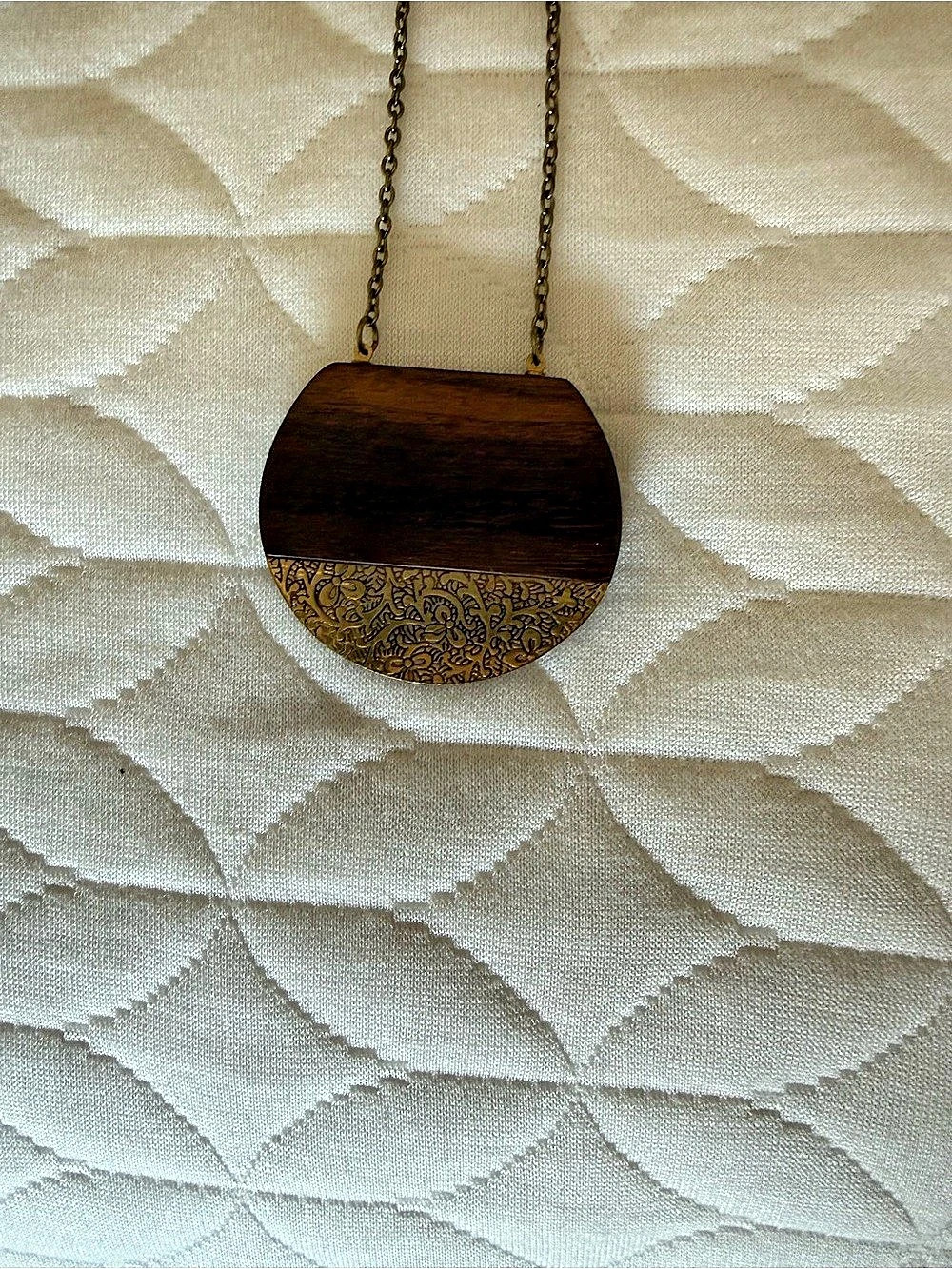 Wood Pendant Long Chain Necklace Brown & Gold